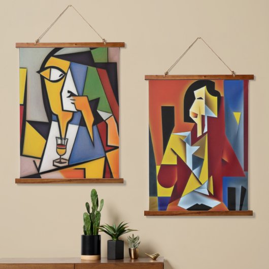 Abstrakter Barkeeper Cubist Wall Tapestry Wandteppich Mit Holzrahmen (Asymmetrisch)