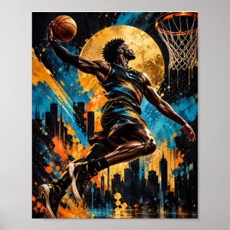 Abstrakter Basketballspieler, der zum Korb fliegt Poster