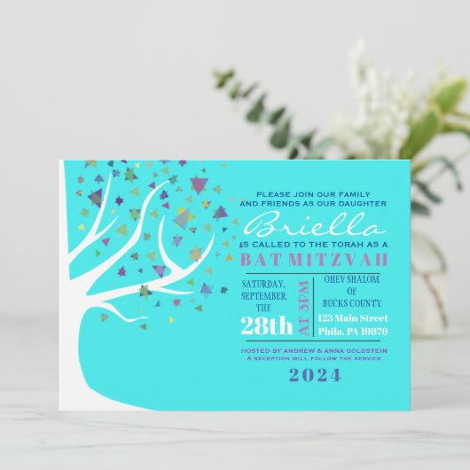 Abstrakter Baum Bat Mitzvah Einladung (Stehend Vorderseite)