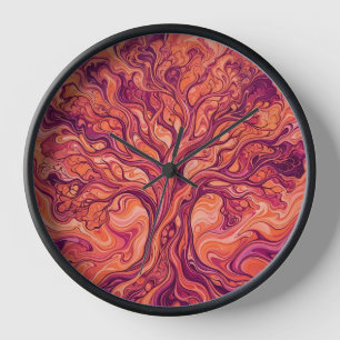 Abstrakter Baum des Lebens Sonnenuntergang Orange Uhr