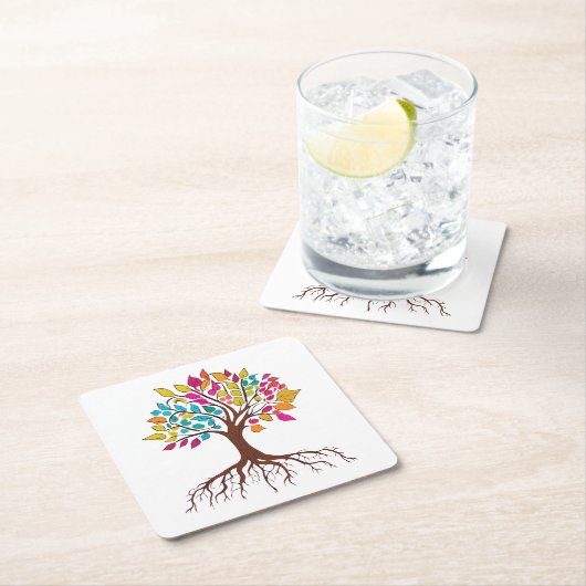 Abstrakter Baum mit Wurzeln und bunten Blätter. Rechteckiger Pappuntersetzer (Vor Ort)