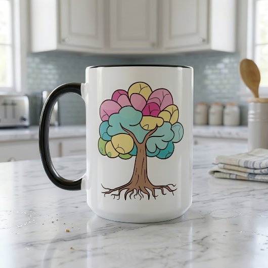 Abstrakter Baum mit Wurzeln und bunten Blätter. Tasse