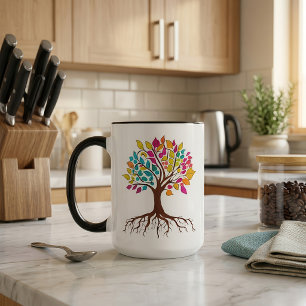 Abstrakter Baum mit Wurzeln und bunten Blätter. Tasse