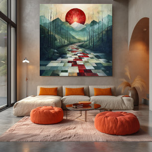 Abstrakter Bergpfad mit roter Sonne und geometrisc Leinwanddruck