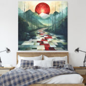 Abstrakter Bergweg mit roter Sonne und geometrisch Leinwanddruck (Insitu (Schlafzimmer))
