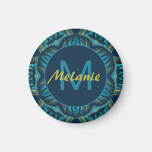 Abstrakter blauer gelber verzierter Mandala person Magnet