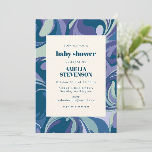 Abstrakter blauer Marmor Swirl Stilvolle Babydusch Einladung (Stehend Vorderseite)