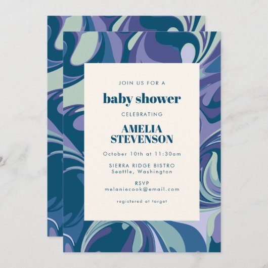 Abstrakter blauer Marmor Swirl Stilvolle Babydusch Einladung (Vorne/Hinten)