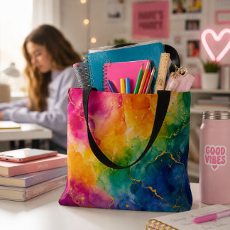 Abstrakter blauer rosa gelber Regenbogen Tasche