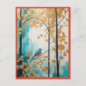 Abstrakter Blauer Vogel im Herbst Golden Blätter F Postkarte (Vorderseite)