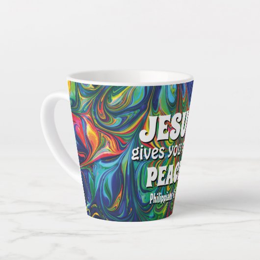 Abstrakter blaugrüner JESUS GIBT WIRKLICHEN FRIEDE Milchtasse (Linke Ecke)