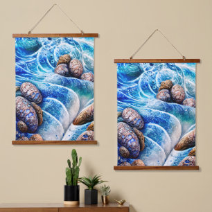 Abstrakter Blue Ocean Wave Marbella Goldene Kunst Wandteppich Mit Holzrahmen