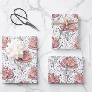 Abstrakter Blumen- Doodle-Kunststil Rosa Pfirsich Geschenkpapier Set