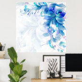 Abstrakter Blumenhintergrund blau und weiß Poster (Heimbüro)