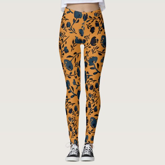 Abstrakter BlumenSenf & Blue Chic Leggings (Vorderseite)