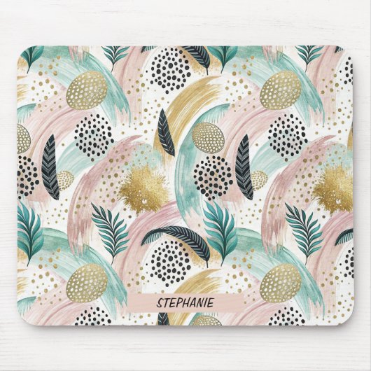 Abstrakter botanischer Pinselstrich und Gold Mousepad (Vorne)
