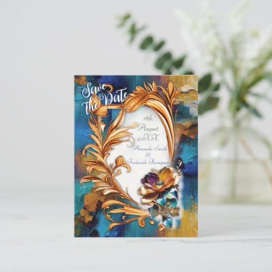 Abstrakter Bronze-Stil, goldblau, barocke Ankündigungspostkarte (Stehend Vorderseite)