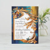 Abstrakter Bronze-Stil, goldblau, barocke Einladung (Stehend Vorderseite)