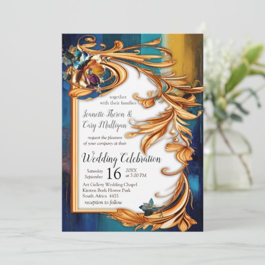 Abstrakter Bronze-Stil, goldblau, barocke Einladung (Stehend Vorderseite)
