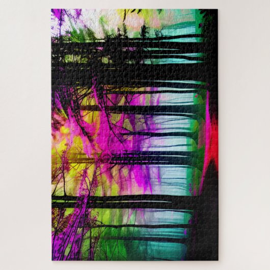 Abstrakter farbenfroher Wald mit schwarzen Bäumen, Puzzle (Vertikal)