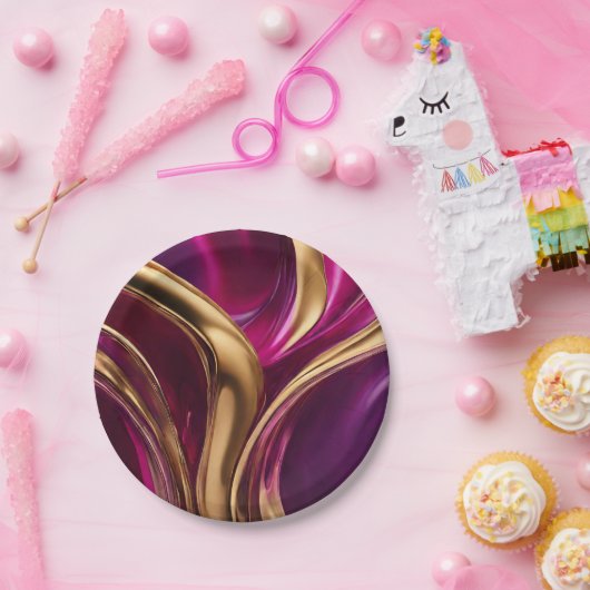 Abstrakter Fluss Kunst-Fuchsia Lila und Gold- Pappteller (Party)