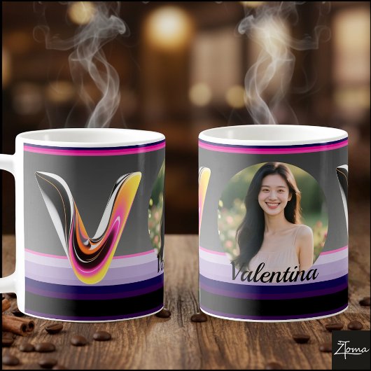 Abstrakter flüssiger Buchstabe V Glänzend Neon Kaffeetasse