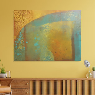 Abstrakter Gelli-Plakatdruck aquamarines Gelbgold Leinwanddruck