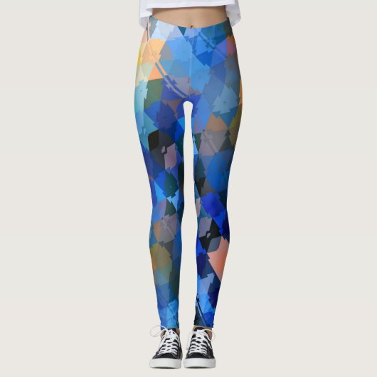 abstrakter geometrischer blauer lila-goldfarbener  leggings (Vorderseite)