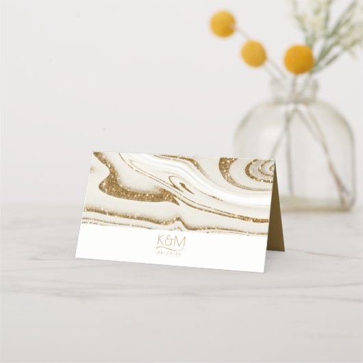 Abstrakter Glitzer Strata Wedding Ivory ID903 Platzkarte (Rückseite)