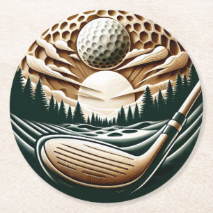 Abstrakter Golfer auf dem Golfball Circular Golfsp Runder Pappuntersetzer
