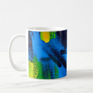 Abstrakter Hintergrund. Acryl schwarz, gelb, blau, Kaffeetasse