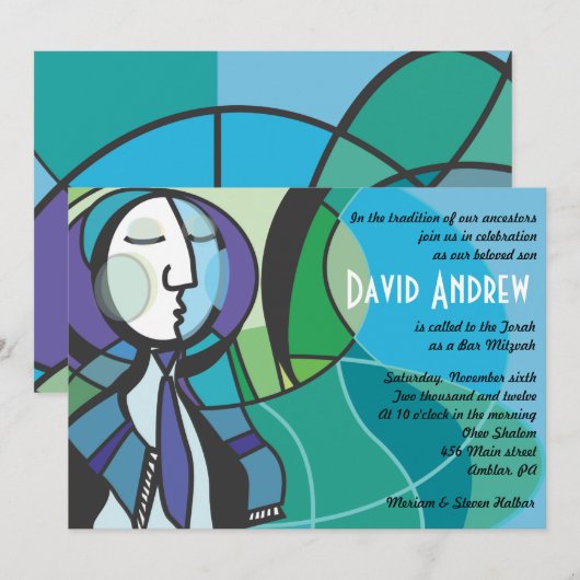 Abstrakter Junge mit Tallis Bar Mitzvah Einladung (Vorne/Hinten)