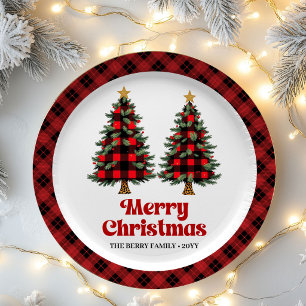 Abstrakter Karo Baum Familienname Weihnachtspapier Pappteller