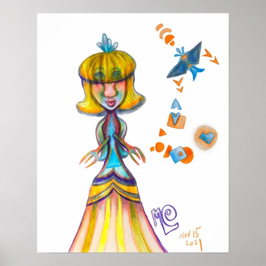 Abstrakter Kunstdruck Bird Fish Lady Doodle Poster (Vorne)