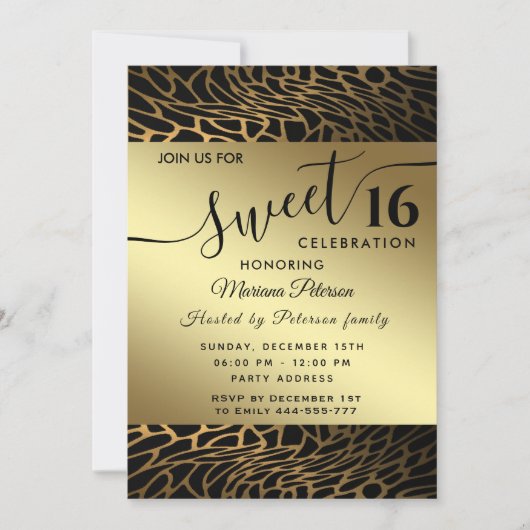 Abstrakter Leoparden, goldfarben, süß 16 invit Einladung (Vorderseite)