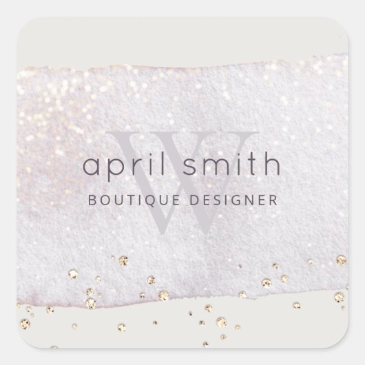 Abstrakter Lila Lilac-Pinselstrich Monogramm-Glitz Quadratischer Aufkleber (Vorderseite)