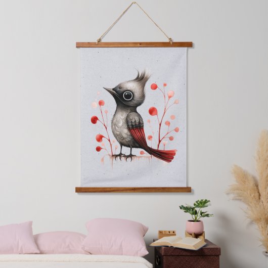 Abstrakter Mad Bird in Rot und Schwarz Wandteppich Mit Holzrahmen (Schlafzimmer)