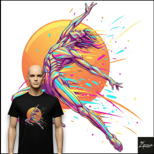 Abstrakter männlicher Tänzer Neon springende Figur T-Shirt