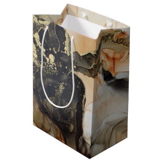 Abstrakter Marmor aus schwarzem Orange mit Goldfol Mittlere Geschenktüte (Rückseite Schrägansicht)