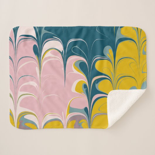 Abstrakter Marmor Modernes Ebru Muster Aquamarin u Sherpadecke (Vorderseite (Horizontal))