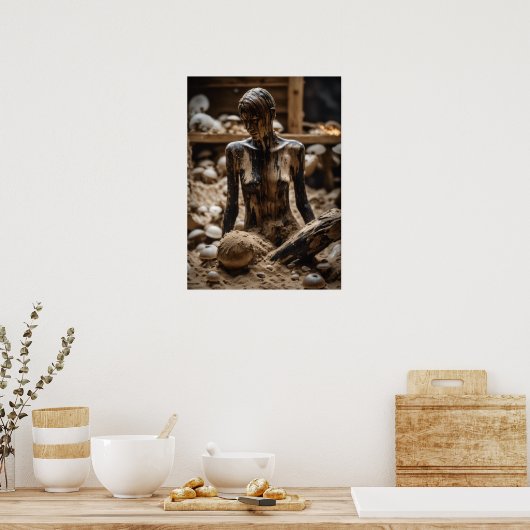 Abstrakter Mensch in Rotten-Holzhütte mit Pilzen Poster (Küche)