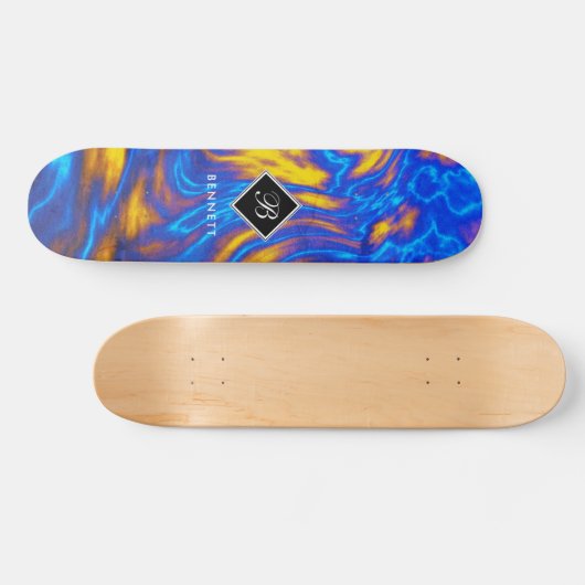 Abstrakter, moderner Gelbblau, Lila flüssiger Marm Skateboard (Horizontal)