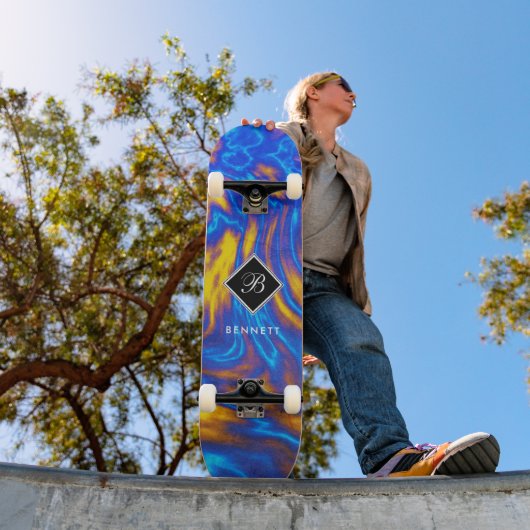 Abstrakter, moderner Gelbblau, Lila flüssiger Marm Skateboard (Außenbereich 1)