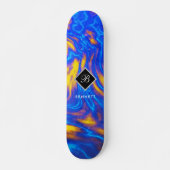 Abstrakter, moderner Gelbblau, Lila flüssiger Marm Skateboard (Vorne)