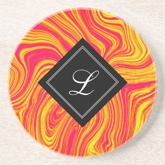 Abstrakter, moderner Rot-Gelb-Flüssig-Marmor Getränkeuntersetzer (Vorne)