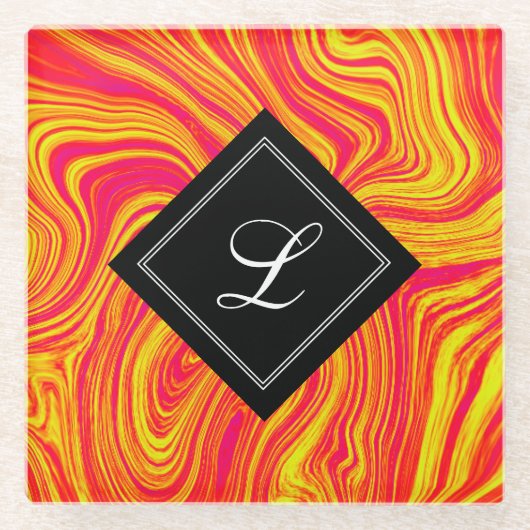 Abstrakter, moderner Rot-Gelb-Flüssig-Marmor Glasuntersetzer (Vorderseite)