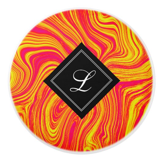 Abstrakter, moderner Rot-Gelb-Flüssig-Marmor Keramikknauf (Vorderseite)