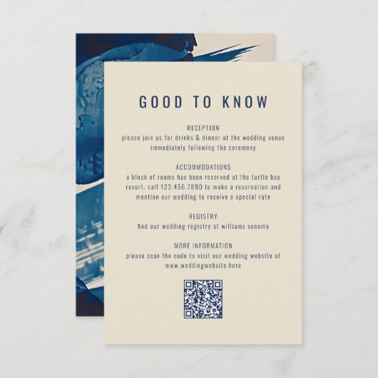 Abstrakter Navy Blue Ink Painting QR Code Hochzeit Begleitkarte (Vorne/Hinten)