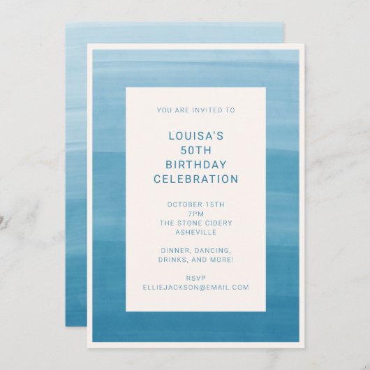 Abstrakter Ombre Gradient Ocean Blue 50. Geburtsta Einladung (Vorne/Hinten)