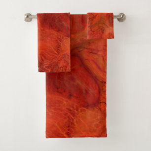 abstrakter orangefarbener und roter Marmor Badhandtuch Set
